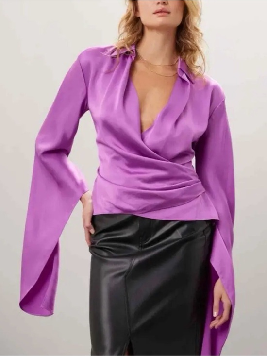 Simkhai Tops - SIMKHAI Paradisa Purple Satin Wrap Top Size 6 Split Statement Sleeves